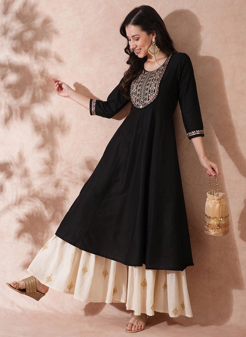 Globus Women Black Floral Yoke Design Zari & Sequinned Round Neck Anarkali Festive Kurta - Image 1